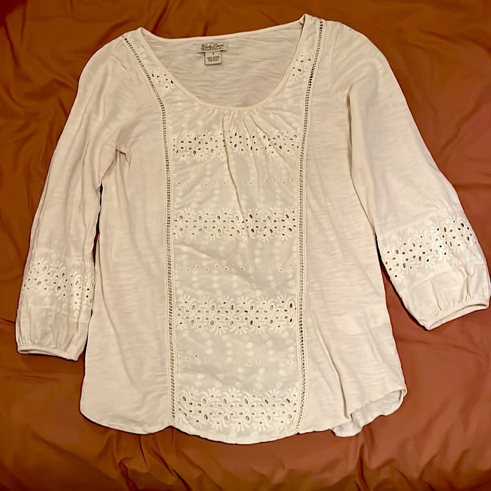 Lucky Brand ecru eyelet 3/4 sleeve peasant top size S